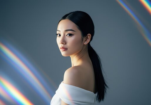 An Asian woman with sleek black hair in a low ponytail dressed in an off-shoulder white gown