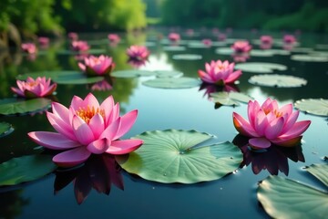 Water lilies bloom densely on a serene lake surface, creating a vibrant floral pattern , botanical, pink, texture