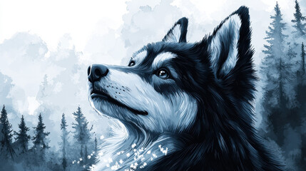 Majestic husky in serene forest, painted in blue tones with dreamy atmosphere