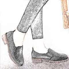 A sketch-style image depicting a pair of black slip-on shoes worn by a person with crossed legs. The shoes have a rounded toe and a low block heel, suggesting a casual yet sturdy design.