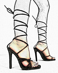 High-heeled sandals with black straps wrap elegantly around the legs, extending to mid-calf. The heels are slender and tall, enhancing the leg's appearance.