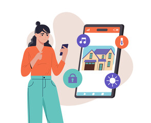 Fototapeta premium Woman using smart home control app. Vector illustration