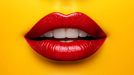 Obraz premium Red Lips Glossy Smile Yellow Background Beauty Fashion Makeup Cosmetics