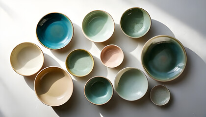 Soft pastel glazes adorn collection of ceramic bowls, arranged in visually pleasing layout with gentle shadows