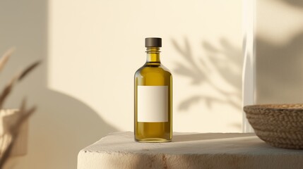 Olive oil bottle on a textured surface with soft shadows in a warm, minimalistic setting during daylight