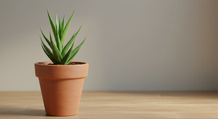 Fototapeta premium Solitary Terracotta Pot Holding a Slender Succulent on a Wooden Tabletop