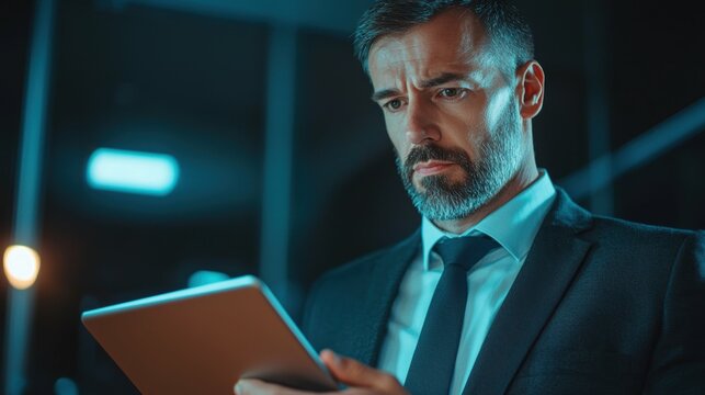 Businessman analyzing data on tablet in modern office at night serious expression in urban environment