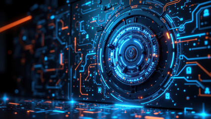 Advanced blue circuitry against a dark background, representing cybersecurity or internet security.