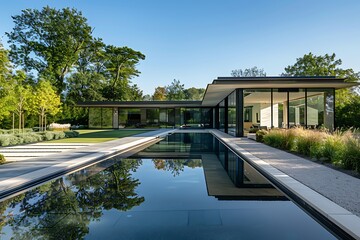 A modern home with an all-glass facade, reflecting the sunlight, and a sleek rectangular swimming pool surrounded by minimalist landscaping.