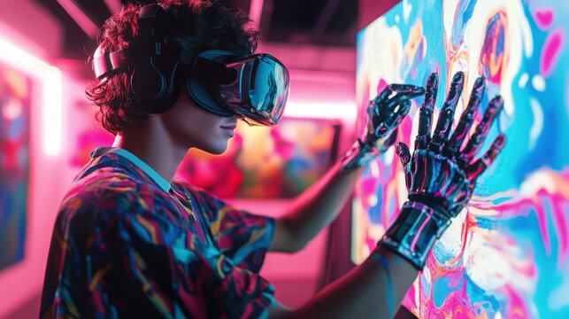 Young artist using virtual glasses to explore creative possibilities while painting with prosthetic hand in vr - Powered by Adobe