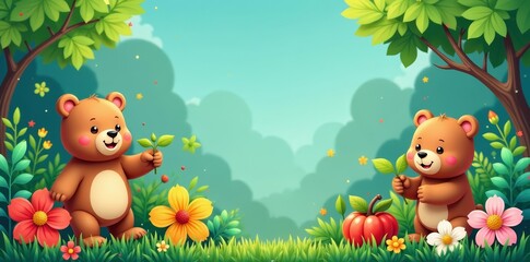 Obraz premium Playful design featuring cute bear characters surrounded by various plant elements, playful, foliage