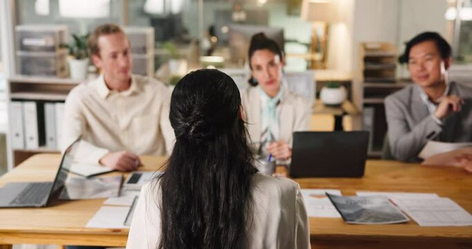 Business woman, interview and meeting with team for hiring, recruitment or job hunting. Hr, candidate and talk to manager in office for internship opportunity, vacancy and back for salary negotiation