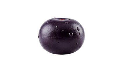 A single dark purple plum with water droplets isolated against a stark black background in studio light