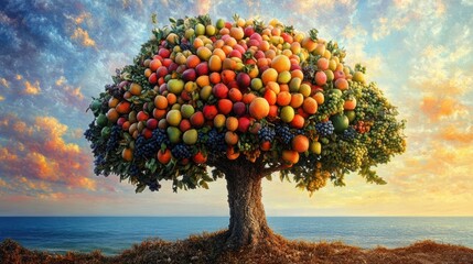 Fruit tree abundance, ocean sunset, healthy harvest, food imagery