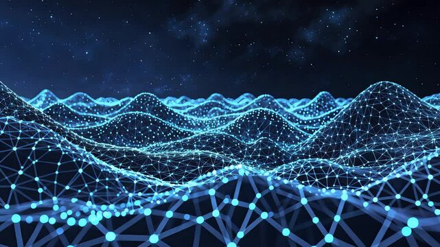 Futuristic 3D blue glowing digital network landscape of connected points and lines extending across a starry night sky background

 - Powered by Adobe