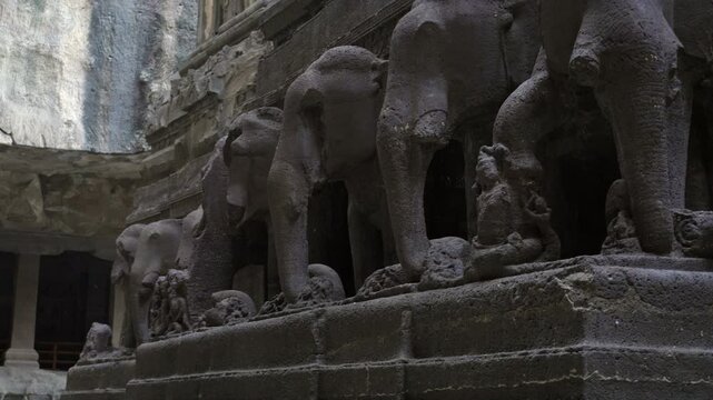 Elephants carved at the base of the 8th-century Kailasa Temple at the Ellora Caves in Aurangabad, Maharashtra, India.