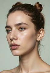 Naklejka premium Soft-Lit Studio Portrait of a Woman with Freckles, Showcasing Her Natural Beauty and Radiant Glow Against a Light, Blurred Pastel Background for a Delicate and Airy Aesthetic