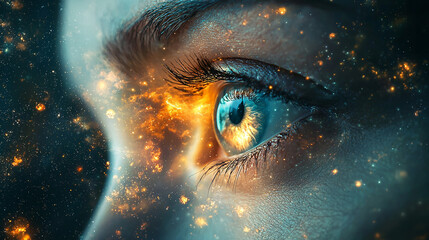 Female face, eye glow, magical glow, space