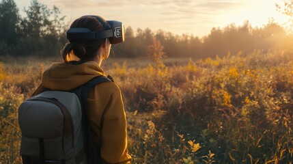 Visually impaired hiker wearing virtual reality headset for enhanced navigation and nature immersion experience