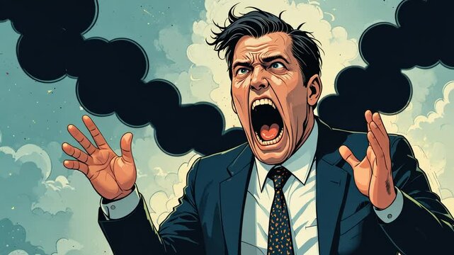 Frustrated Executive Cartoon Character Screaming with Anger and Fury