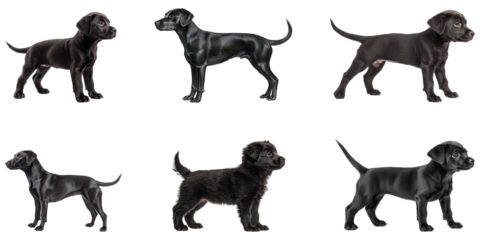 Black Labrador Retriever in six standing side view poses, dog anatomy study, purebred reference, minimalist veterinary style art
