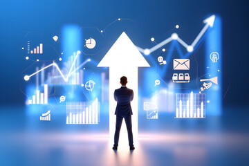 Fototapeta premium Businessmann steht vor leuchtendem Pfeil und digitalen Diagrammen – Symbol für Erfolg und Wachstum 