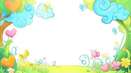 Cartoon nature border with trees, clouds, grass, flowers, hearts, and butterflies, forming a cute and colorful frame on white background for kids’ designs or invites.
