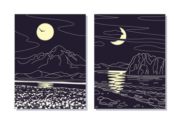 Simple Night Scenes with Mountains and Moon.