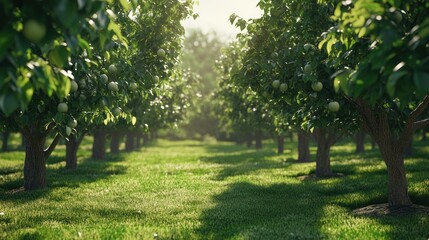 Serene orchard with sun-dappled grass and fruit trees in peaceful arrangement