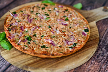 High protein low carb pizza with tuna onion and vegetables.
 Ketogenic diet food 