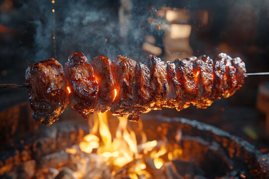 Picanha (a cut of beef) on a spit over a hot background. 