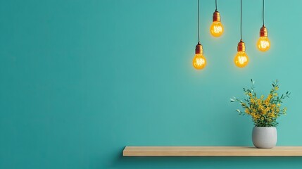 Simple, modern, teal wall decor with Edison bulbs and flowers on a shelf