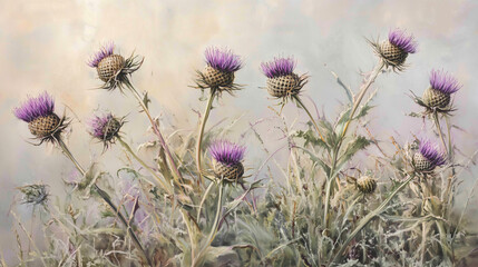 Watercolor painting of multiple thistles, delicate, representing resilience and Scottish heritage, against a soft, blended background