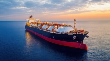 LNG carrier gliding across tranquil waters under a twilight sky, offshore transit