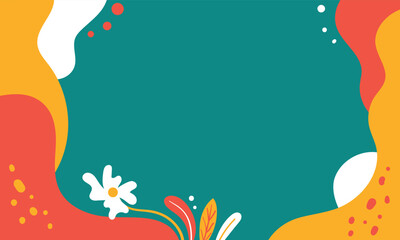 Background and banner decorated with pastel colors blooming flowers and leaves. Summer theme with dragonfly, butterfly and bee. Flat folk geometric style