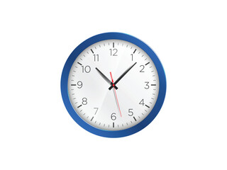 Blue Clock icon flat design round wall clock, trendy office clock with shadow on a white background