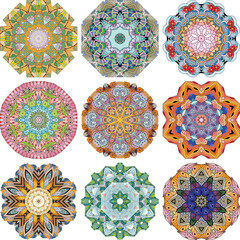Set of colorful cute Mandalas. Decorative unusual round ornaments.