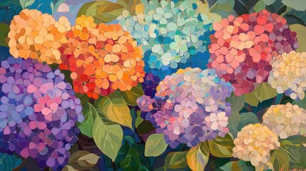 Vibrant, colorful hydrangea blossoms in a lush garden setting