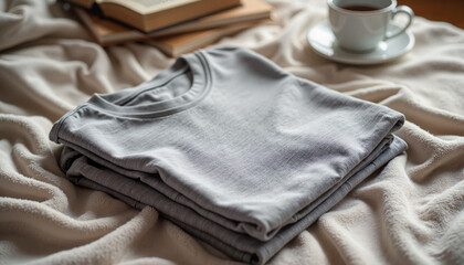 Cozy folded heather gray t-shirt on soft blanket, inviting lifestyle