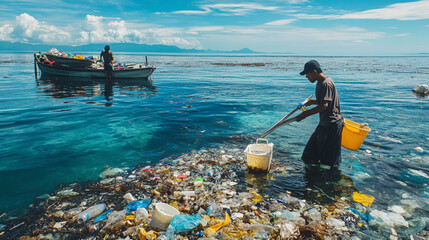 People collect plastic waste from the ocean to promote conservation.
