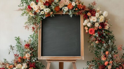 Blackboard Surrounded By Lush And Colorful Floral Arrangement With Natural Greenery, Generated AI