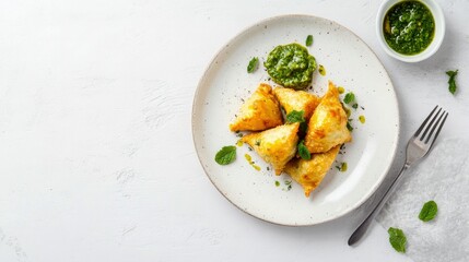 Golden Bites and Green Harmony: Appetizing samosas, complemented by vibrant green sauce and fresh herbs, present a delightful culinary experience on a simple, yet elegant, presentation.
