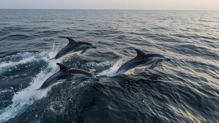 Common bottlenose dolphins jumping in sea at sunset, roatan, bay islands, honduras