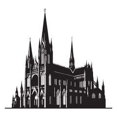 Obraz premium Ancient Gothic Cathedral silhouette, representing the timeless beauty of historical ecclesiastical design – Gothic cathedral illustration – Gothic cathedral vector – Medieval church silhouette