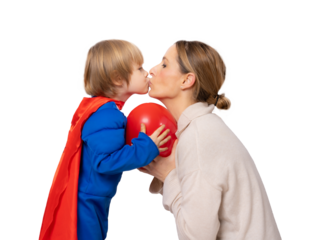 Child boy dressed in superman outfit kissing his mother isolated over transparent background. Motherhood concept.