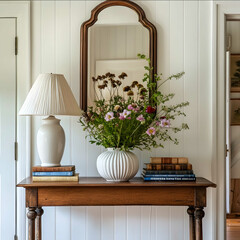 interior design lauren liess style architecture lakeside new england architecture hallway vignette white paneled walls dark wood antique console table with oversized