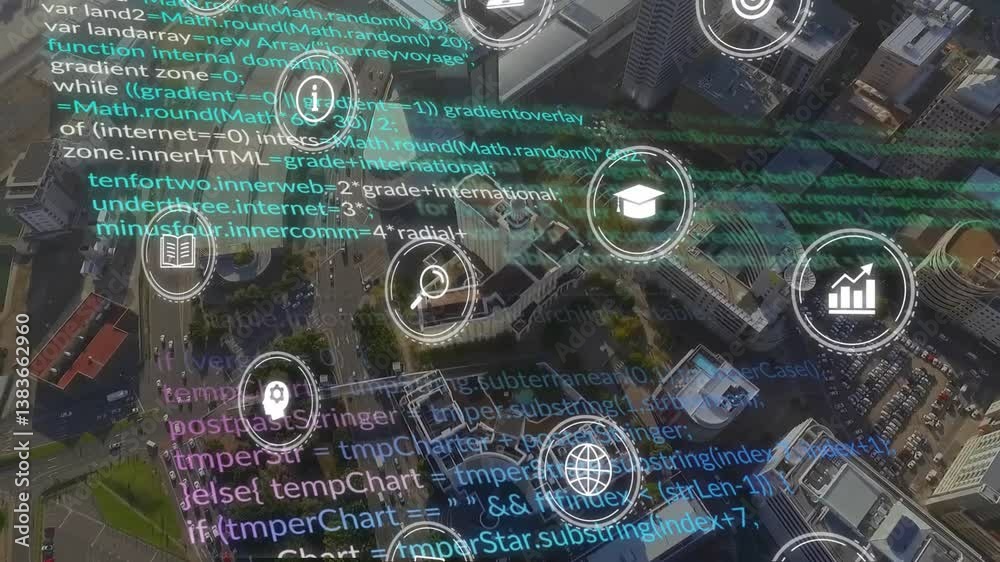 Poster animation overlaying digital icons and programming code on urban landscape view