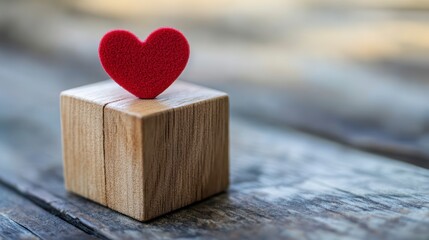 Red felt heart atop a small wooden cube on a rustic wood surface.