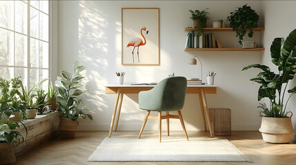 Bright minimal interior photograph A minimalist home office setup with a pastel green desk chair and a white wooden desk books and plants arranged neatly on its surf