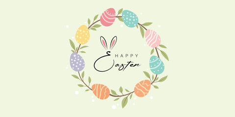 Happy Easter banner. Trendy Easter design with typography and eggs. Modern minimal style. Horizontal poster, greeting card, header for website